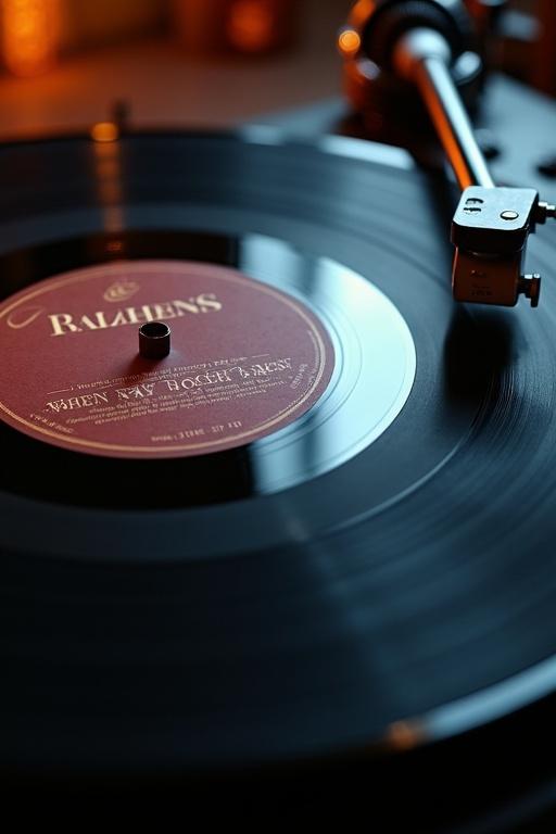 A spinning vinyl record under hard lighting. The record label shows the title *“When May Comes”*. The scene has a luxurious cinematic atmosphere with intense reflections and razor-sharp details. The lighting emphasizes the shine and motion of the record.