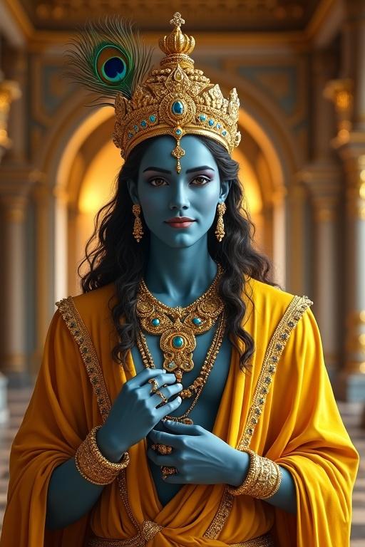 Majestic front view of a deity in regal golden robes and a crown. Deep blue skin highlighted by golden attire. Wearing elaborate necklaces and bracelets. Commanding yet compassionate eyes. Background features a grand hall with intricate carvings and a golden glow.