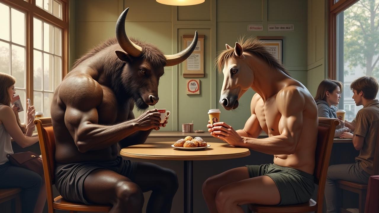 In a cozy café, a humanoid bull and a horse sit at a wooden table, each holding a cup of coffee. Their overly muscular bodies are human-like, with only their heads reflecting their animal form. The scene is warm and welcoming, enhanced by the ambient glow from large windows. In the background, other patrons are engaged in casual conversation, adding to the everyday charm of the setting.