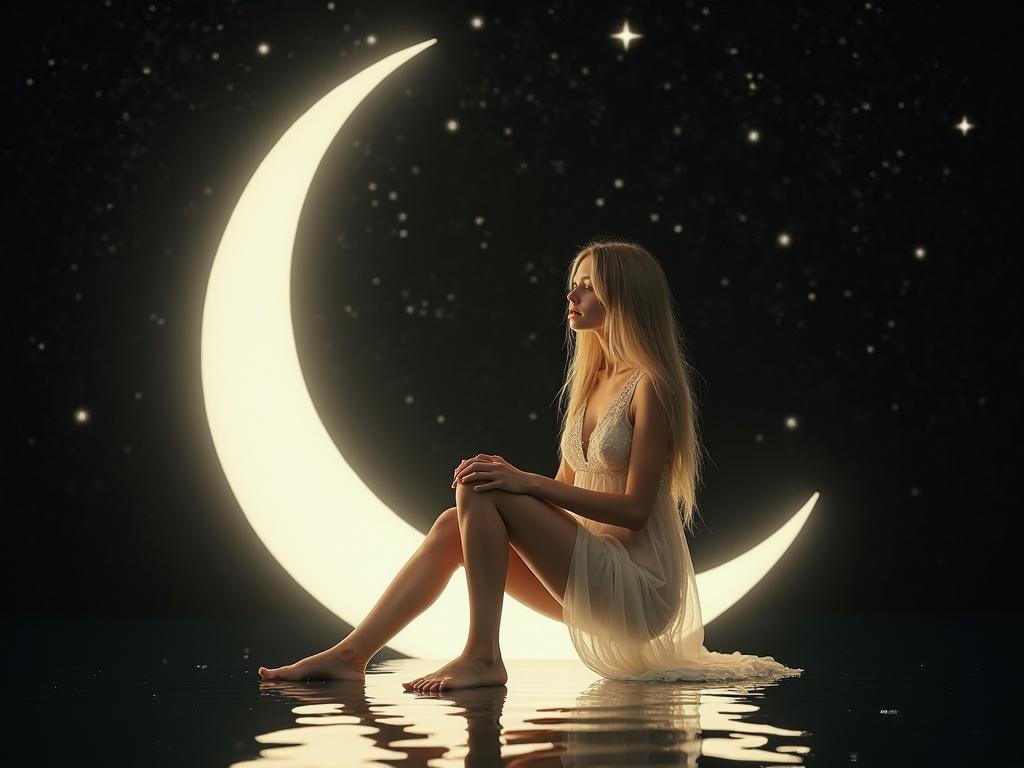 The image features a young woman with long, light-colored hair and fair skin, sitting elegantly on a crescent moon. She wears a delicate, flowing dress that appears somewhat sheer, with soft embellishments. The background is dark, contrasting with the glowing moon and the shimmering stars surrounding her. The composition highlights her serene expression and graceful posture, with her bare feet dipping into a calm, reflective body of water below.