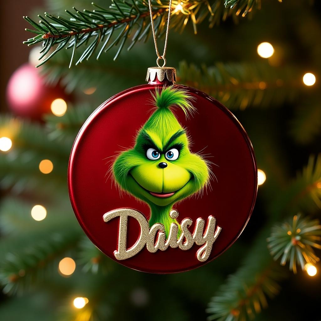 Grinch character named Daisy displayed on a red Christmas ornament. Ornament is hanging on a Christmas tree with soft lights in the background.