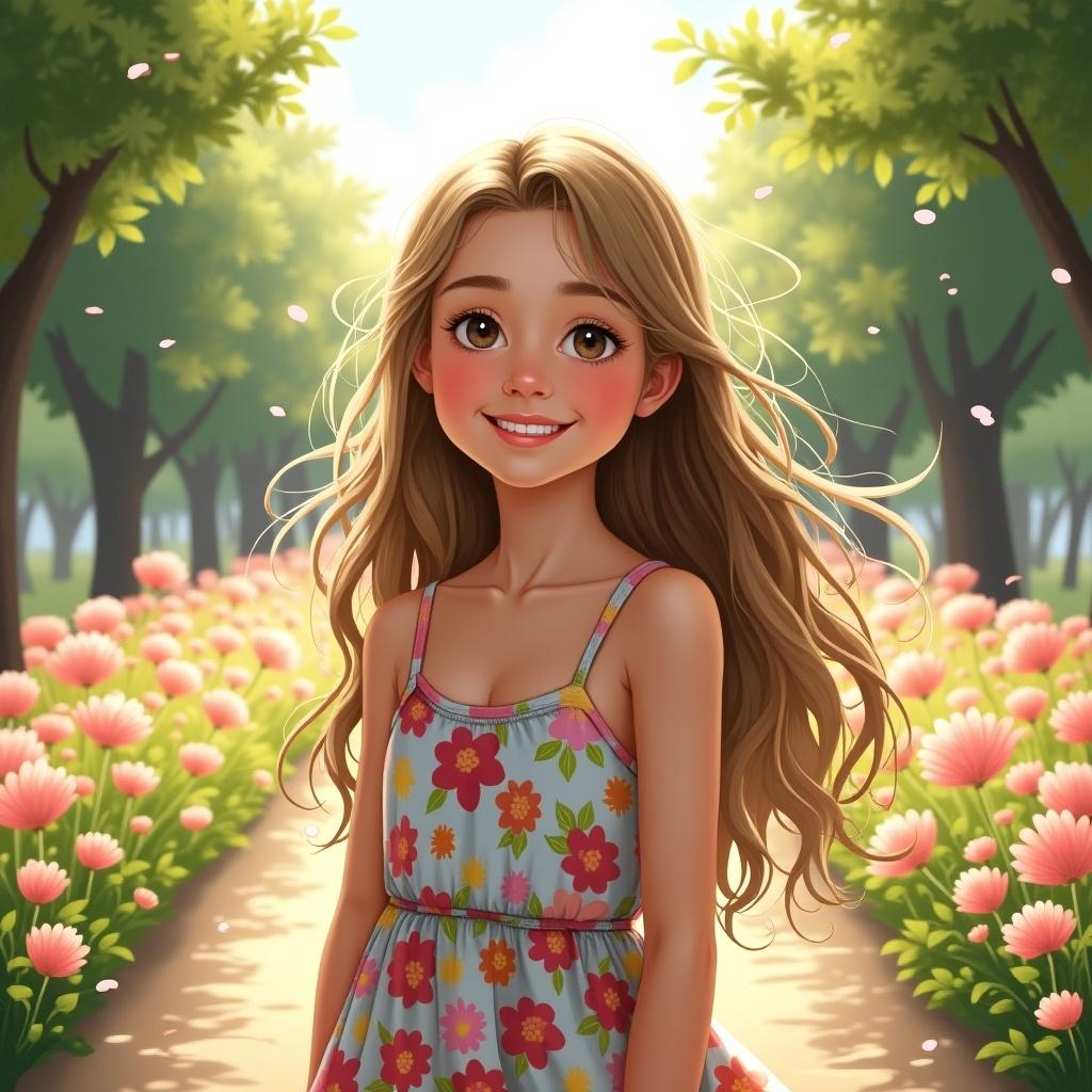 A girl stands on a pathway surrounded by flowers. She has long hair and a bright smile. The scene is cheerful with soft colors and natural surroundings.