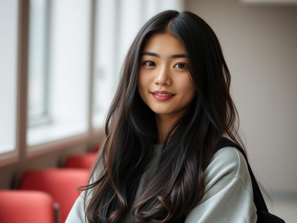 A portrait of a young woman with long, dark hair and a serene expression. She is seated indoors, with natural light streaming through large windows behind her. The soft colors, including her light gray sweater and the red chairs in the background, add warmth and depth to the image.