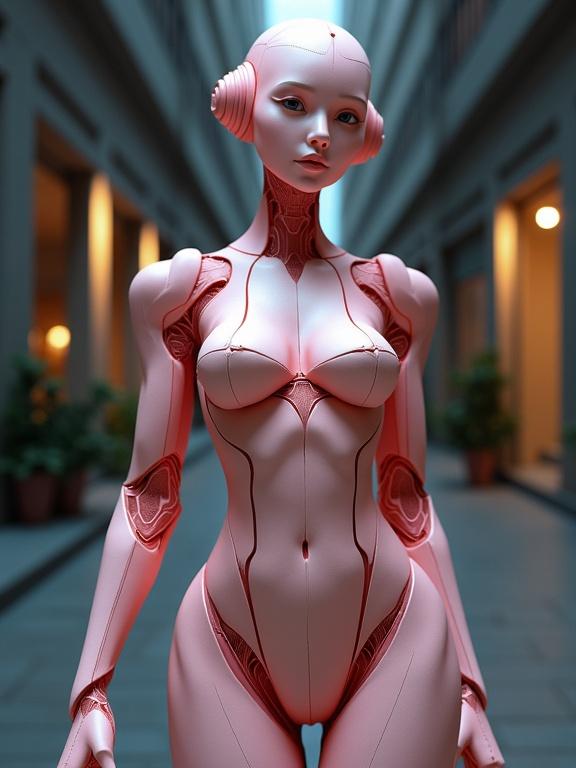 A 3D rendered digital art piece of an anthropomorphic robot sculpture. The robot features a full female form made in shades of beige and pink. The design showcases functional legs and accentuating curves. Dramatic lighting highlights geometric patterns on the body. The scene is set in a nighttime environment with a soft focus effect.