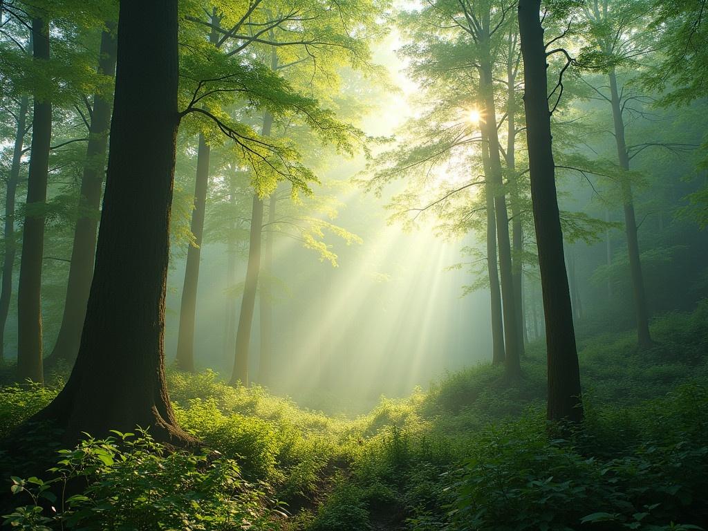 A stunning view of a misty spring forest in the morning light. The sunlight streams through the dense green foliage, illuminating the scene with a warm glow. Tall trees rise majestically, their trunks stretching towards the sky surrounded by vibrant leaves. The air is fresh and filled with the soothing sounds of nature. There is a serene atmosphere as the mist gently envelops the forest, creating an enchanting environment.