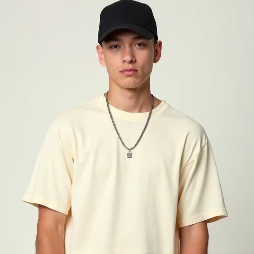 High resolution portrait of a male college teen wearing a cream-colored short-sleeve t-shirt. Posed full frontal with focus on upper arms. Clean-shaven face with a neutral expression. Wearing a black baseball cap and chain necklace. Illuminated with soft, even lighting against a simple background.