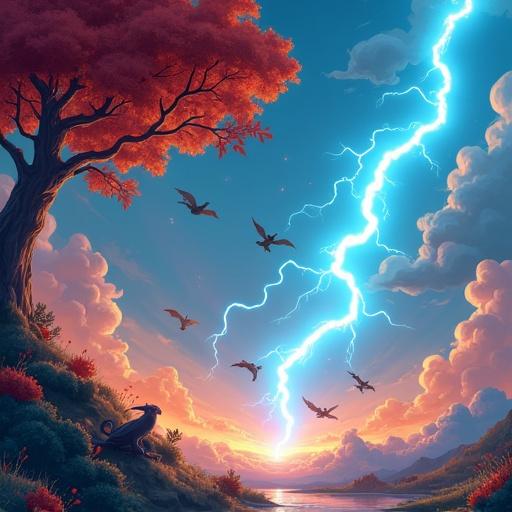 A thunderbolt strikes the ground. A tree burns down. A blue and orange sky is present. A huge dragon flies in the sky avoiding the lightning. The style is 3D high-resolution cartoon.