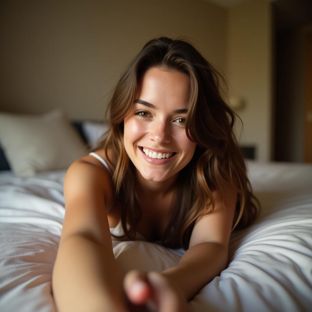 A beautiful woman taking a selfie while lying on bed, selfie pov.