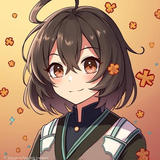 A digital painting of a young girl with short dark hair smiling. She is surrounded by cherry blossom petals in a warm colored background. She wears a stylized outfit.