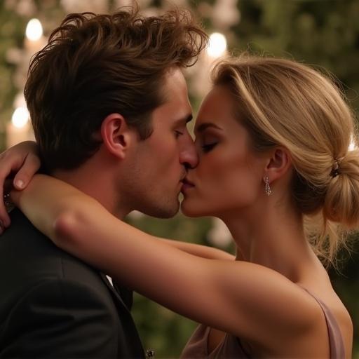 a couple kissing in a romantic setting with soft light and greenery