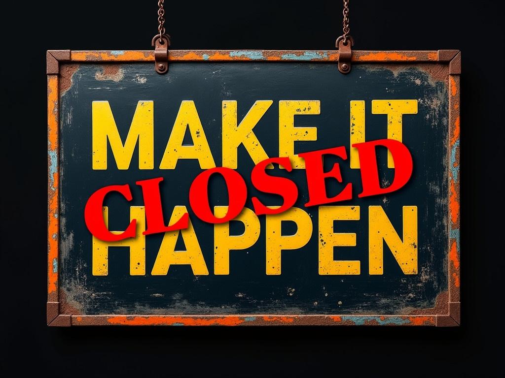 The image shows a vintage sign that reads "MAKE IT HAPPEN" in bright yellow letters on a weathered black background. The sign is framed with rusty orange edges, giving it an aged and industrial look. Slightly transparent red text overlays the image, stating "CLOSED" in bold capital letters. The overall aesthetic is motivational yet muted, suggesting a call to action while introducing an element of finality with the word "CLOSED". The background is dark, making the sign and the text pop out vividly.