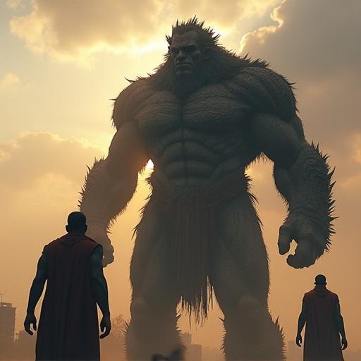 Two men stand in front of a massive, furry humanoid figure. The giant figure is muscular and towering. The scene is dramatic with a sunset in the background. The focus is on the size contrast between the giant and the men.
