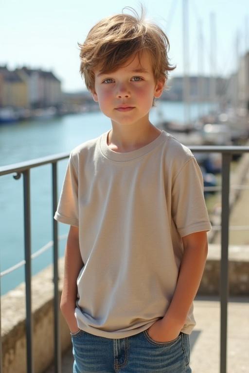 A young boy wears a large natural-colored T-shirt with blue jeans. Hands are in his pockets. Light brown hair is tousled. Background features a sunny harbor in Normandy. The scene conveys peace and tranquility.