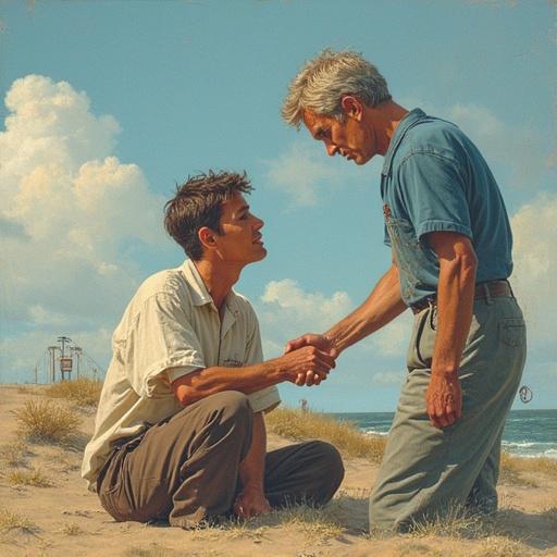 Two individuals engaging in a handshake. The scene is set by the beach. Capture a moment of connection and support in self-improvement. The background features clouds and the shoreline.