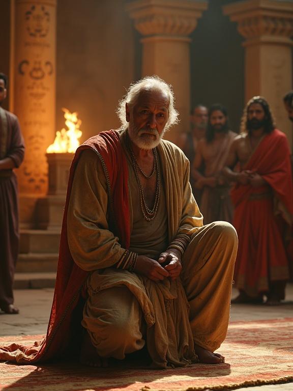Drupada is an old king dressed in torn royal garments. He kneels on the floor with his hands tied. Dronacharya stands in front of him with a calm but stern expression. The Pandavas are on the side with serious faces. The background features a grand court with burning torches and ancient pillars covered in Sanskrit carvings. The lighting focuses on Drupada's face emphasizing his defeat.