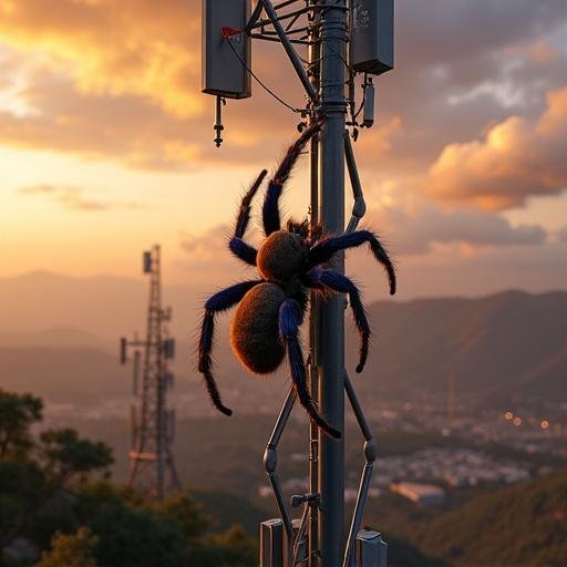 Ultra-realistic scene featuring a giant Venezuelan tarantula with metallic blue legs and bright orange abdomen climbing a telecommunications tower in Falcón, Venezuela. The backdrop offers a panoramic view of mountains and valleys with a sunset sky. The tower displays antennas, and a Venezuelan flag flutters at the top. Lightning subtly illuminates the scene, bridging technology and nature.