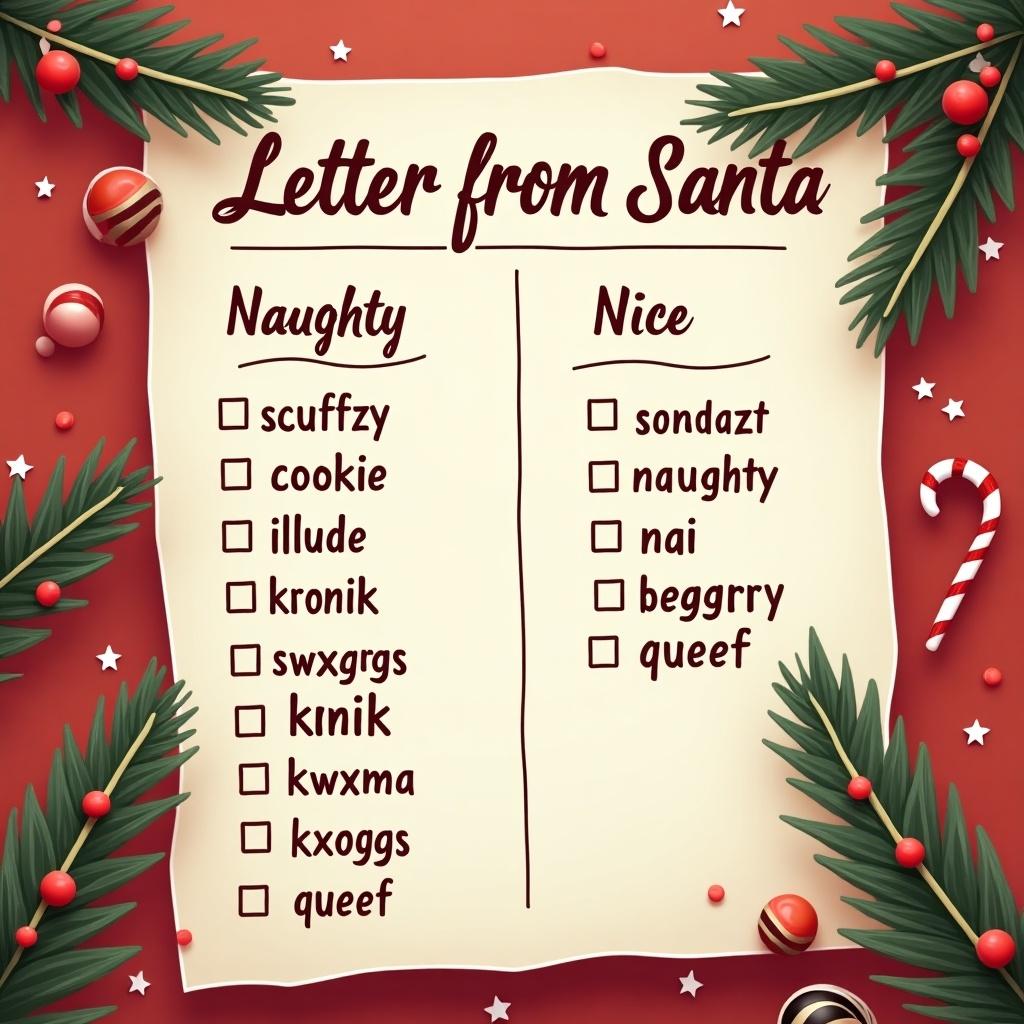 Letter from Santa showcasing Naughty and Nice lists. Lists include festive names and decorated with Christmas elements.