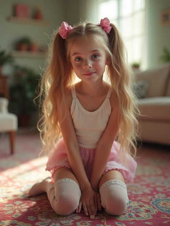 A young girl with long blonde hair in twin tails and pink bows kneels on a colorful rug in a softly lit living room. She wears a tank top and a pale pink skirt, paired with thigh-high socks featuring lace, and simple black shoes. Her expression is joyful and inviting.