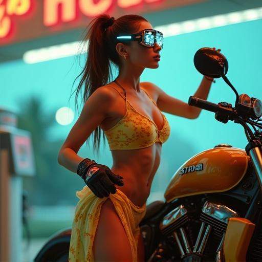 Candid telephoto shot of a woman in yellow patterned underwear with transparent sarong beside a superbike at a neon gas station. Woman poses victoriously with a mechanical ponytail. Digital visor reflects glowing pump interface. Lomography aesthetic with gritty film grain and saturated shadows. Warm halos from vapor lamps surround figure. Blur of retro gas pumps in background emphasizes ecstatic expression and bike's curves.