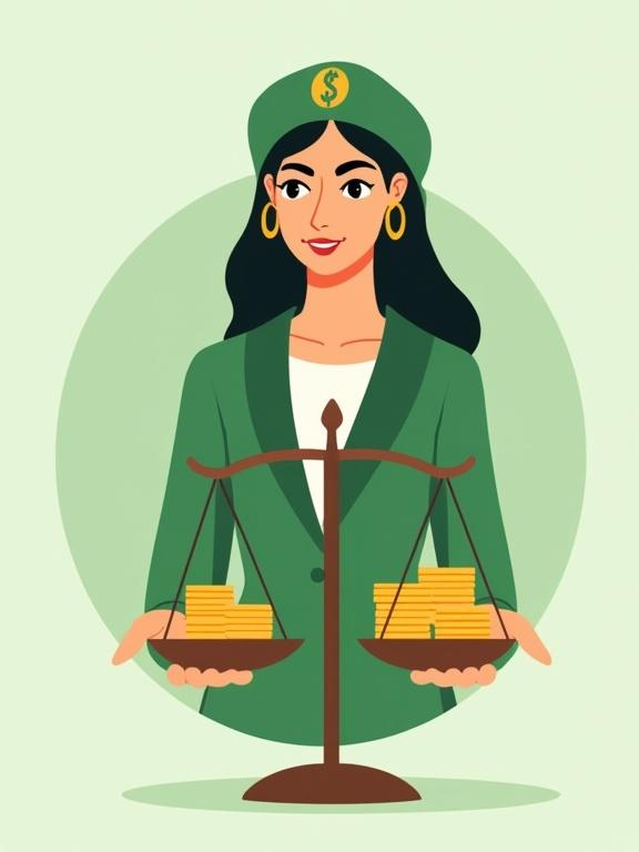 Illustration of a confident Egyptian woman wearing a green outfit, holding a balanced scale with coins. Modern style with flat colors, showing themes of economy and balance.