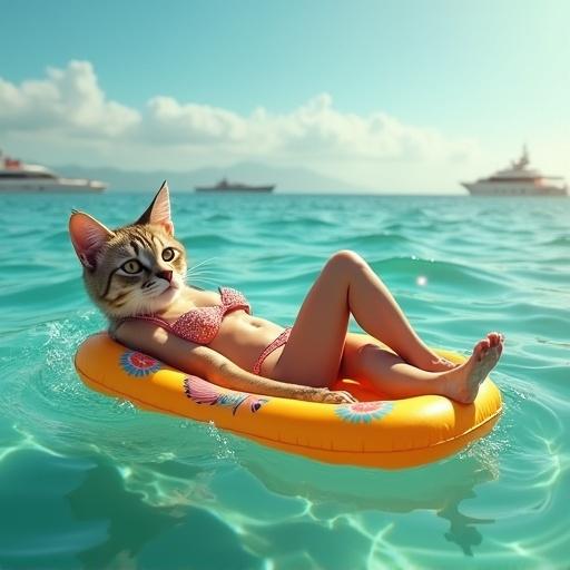 A cat has the body of a young woman. She is in a stylish swimsuit. Lying on her back on a bright inflatable mattress. The mattress is floating in the sea. It's a sunny day with turquoise water and gentle waves. The cat-girl looks relaxed. She might be holding a cocktail or playing with splashes. The style is realistic or semi-realistic with a focus on cat fur and human anatomy. The background shows an ocean view with a light haze on the horizon and yachts in the distance. The lighting is soft and warm with glimmers on the water.