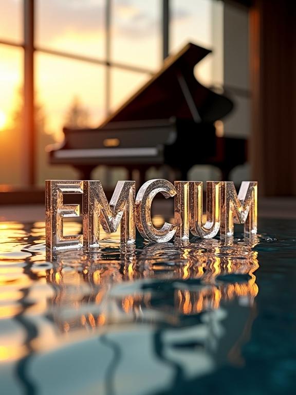 Cinematic shot with a 3D water word 'EMCIUM'. Crystalline letters in backlit water with ripples and droplets. Black grand piano in the background, out of focus. Spacious room with sunset light.