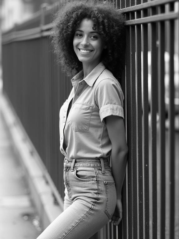 Black and white photograph of a woman with curly hair wearing a button-up shirt and high-waisted jeans leaning against a metal fence. She smiles at the camera with her right leg bent. The background is blurred, and the photograph uses natural lighting and leading lines.