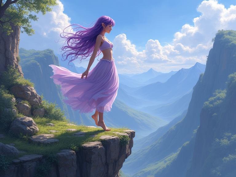 Semi-realistic anime character with purple galaxy hair dancing on a clifftop. Gorgeous elf girl with small breasts and slender figure. Surrounded by stunning natural landscape and beautiful scenery.