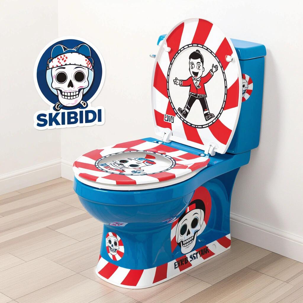 Custom sticker set for a skibidi toilet. Features vibrant colors and cartoon characters. Ideal for unique home decor.
