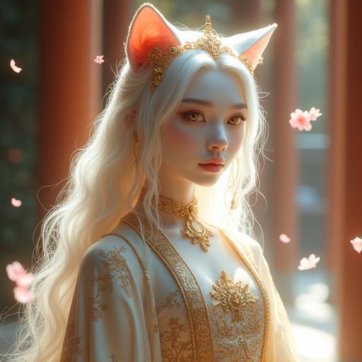 Hyper-realistic portrait of a divine cat goddess. Elegant and graceful woman with feline features. White silver hair with soft waves. Golden cat eyes with vertical pupils. Flawless pale skin. Split twin tail. Wearing a luxurious fusion of a traditional Japanese kimono and a flowing Greek goddess gown. Detailed golden ornaments and delicate jewelry. Golden tiara with cat ear shapes. Mysterious divine aura. Glowing soft backlight in a mystical shrine with ancient pillars and sakura petals floating. 35mm lens high detail.