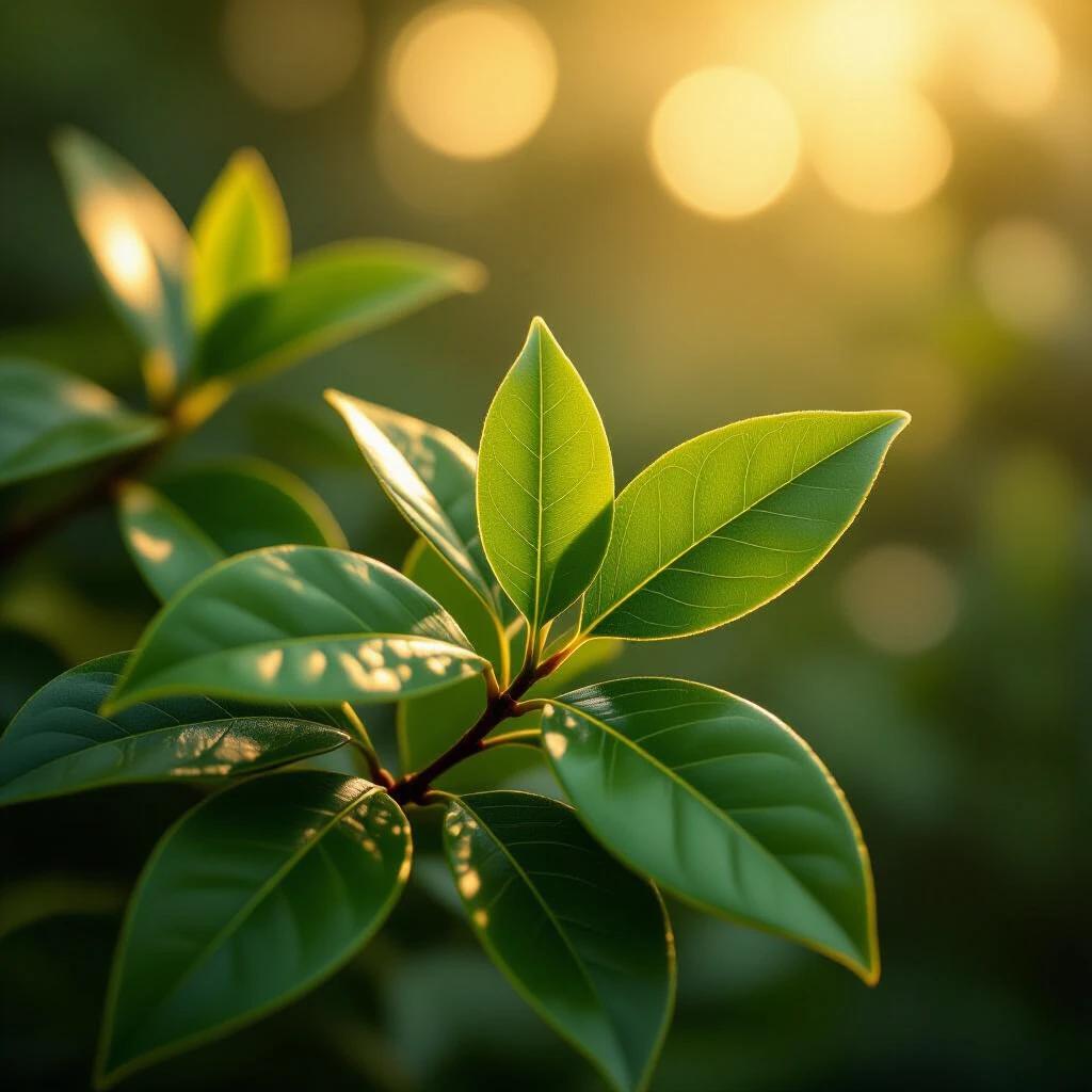 Realistic close-up of fresh bay leaves glowing with soft golden light. Dark blurred background enhances the leaves. The atmosphere feels magical. The lighting is cinematic, suitable for vertical display.