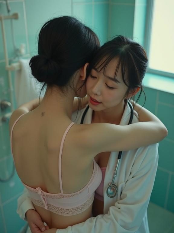 Overhead shot of a patient hugging a doctor in a bathroom. Petite Chinese female doctor in light pink wired bra with lace. Doctor wears a stethoscope and a pulled-off coat. Hair tied back. Gentle light enhances atmosphere. Full body visible in frame. Nostalgic early 2000s vibe with film grain.