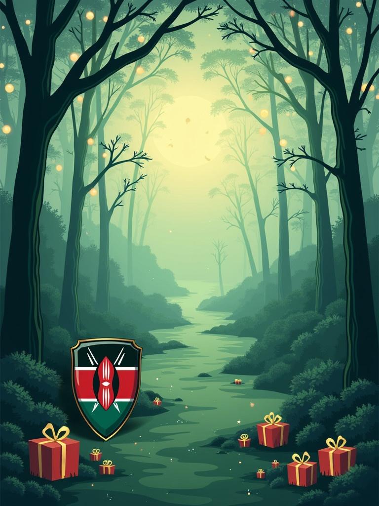 Serene Christmas scene features pine trees shades of green with Kenyan flag shield gifts along the forest pathway soft lighting