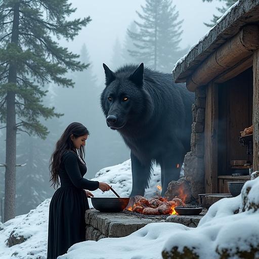 Young woman with curvy figure in an open-air kitchen. Tight black outfit enhances curves. Stirring pots and grilling meat over open flame. Massive black wolf sits nearby, guarding. Large dragon on rocky ledge, breathing steam. Surrounded by tall pines. Serene atmosphere blending nature and rustic cooking.