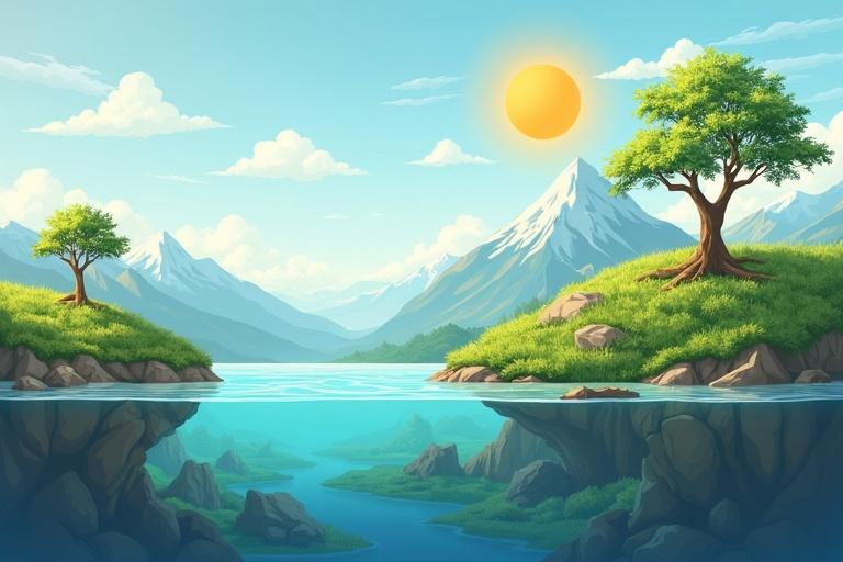 A vibrant illustration of a scenic landscape. The image features a mountain with a snowy peak. There is a glowing sun in the sky. Two trees stand on either side of a calm lake. The lake reflects the greenery of the landscape and the mountains. The overall atmosphere is peaceful and suitable for discussions about nature and climate adaptation.