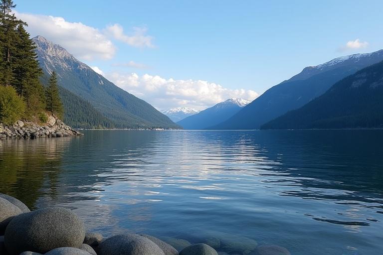 Scenic view of a tranquil lake surrounded by mountains in Peachland, BC. Clear blue sky with soft clouds. Smooth stones along the shore reflect a calm water surface.