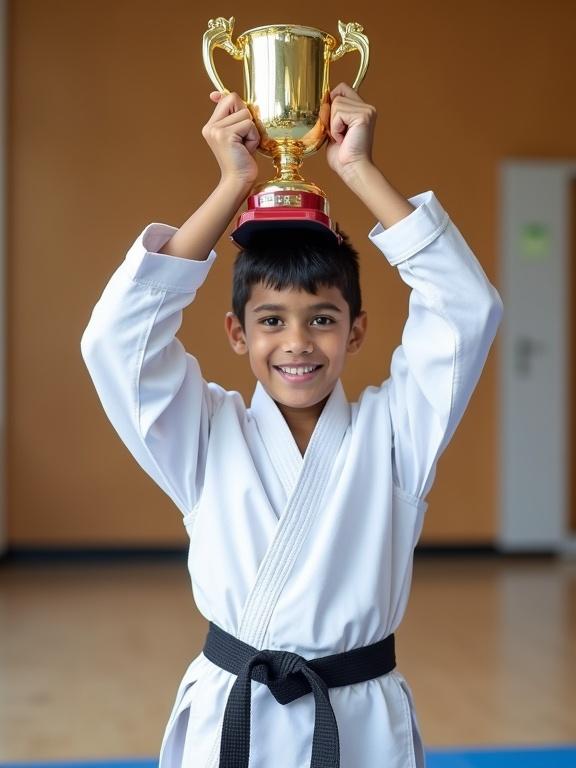 Young boy proudly holding trophy in a Taekwondo uniform on a mat. He smiles with achievement. Indoor sports environment. Clean white uniform with black belt. Joyful expression. Celebrating victory.