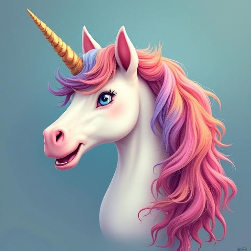 Image of a unicorn with a pig's face and cat ears. The unicorn has a golden horn. Colorful mane appears soft and flowing. Background is light and simple.