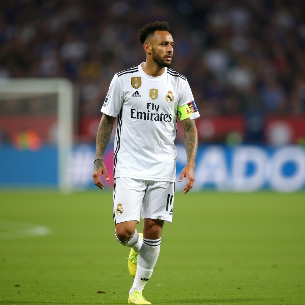 Neymar Jr. in action on the football field wearing Real Madrid's uniform.