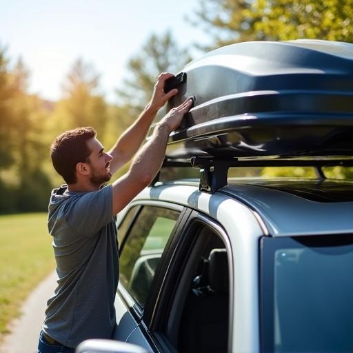 Realistic photo features person standing next to car with roof box open. Bright sunny day in outdoor setting. Person packs luggage into roof box.