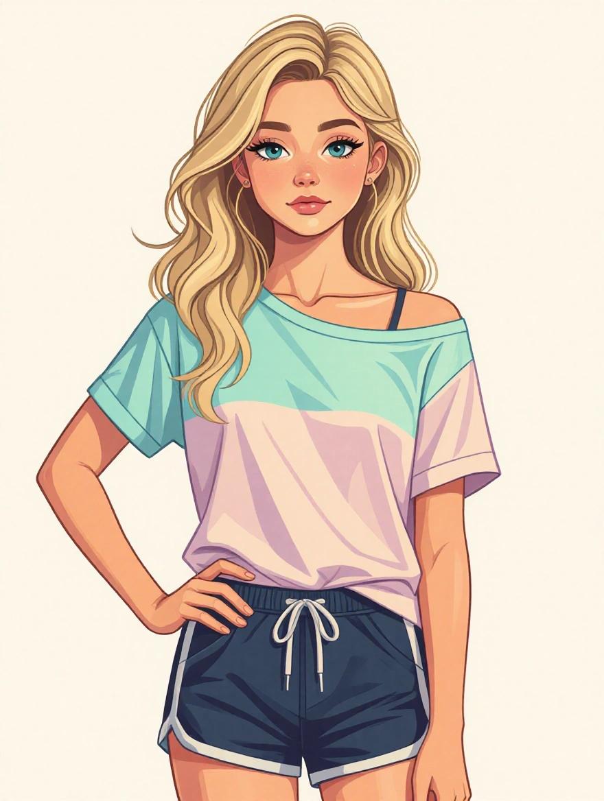 Drawing of a slender androgynous character with long blonde hair wearing a pastel off-shoulder t-shirt and sports shorts. The character has a feminine face with plucked eyebrows and long eyelashes. The pose is feminine with a hand on the hip.