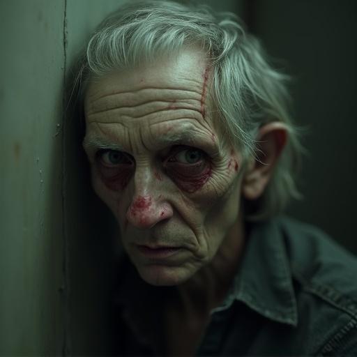 Close-up of a distressed older person with a haunted expression. The face shows signs of trauma and fear, skin is pale with scratches and bruises. The background is dimly lit with a sterile wall. Evokes a feeling of dread.