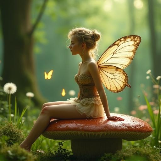 A beautiful fairy is sitting on a mushroom in a green forest. The background has a bokeh effect with glowing butterflies and soft light. The fairy wears a corset and stockings, showcasing intricate clothing details. Dandelions are present in the scene. The composition captures a full shot of the fairy and her surroundings.