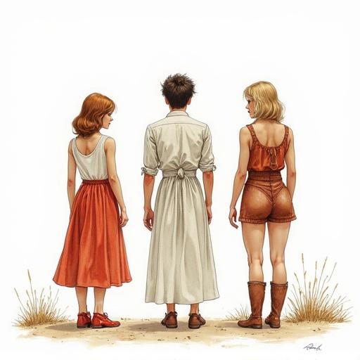 Full body view of three figures from behind. A male figure in the center wearing a long coat flanked by two female figures. The background is white. Clothing features a blend of colors and textures. The scene captures the essence of watercolor art blending traditional styles.