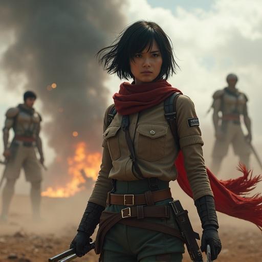 Cinematic photograph of a heroic woman wearing a battle-damaged scout regiment uniform. She holds two swords and has short black hair with a red scarf. In the background, Titans fight among burning ruins.