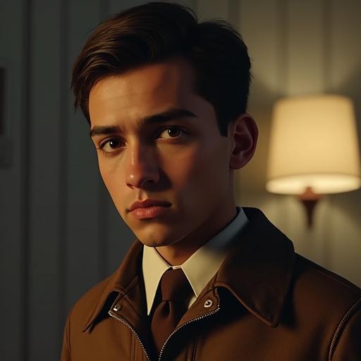 Portrait of a young man in a 1950s style. Man has warm skin tones with soft lighting. Background displays a lamp with warm ambiance. Clothing reflects a vintage aesthetic.