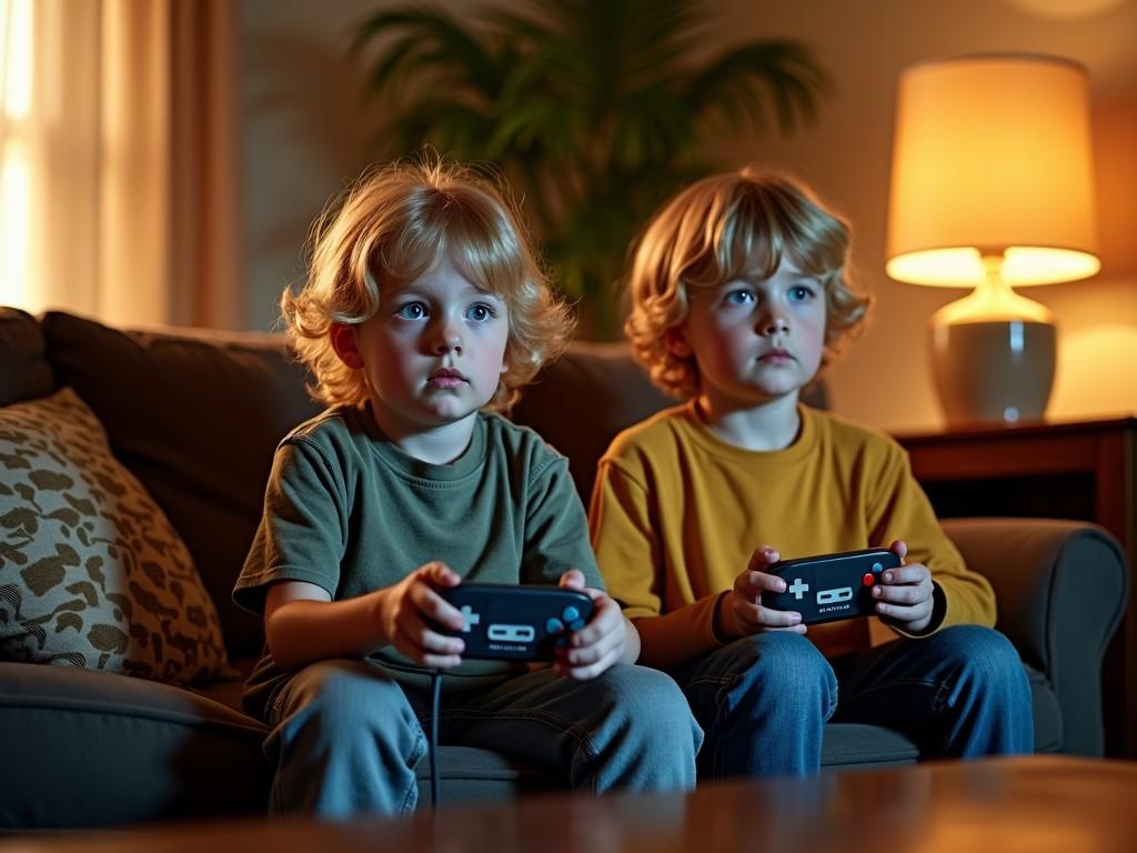 The image depicts two young children sitting on a couch, intensely focused on playing video games. Each child holds a vintage gaming controller reminiscent of early console controllers. The warm lighting from a nearby lamp casts a cozy glow in the room, enhancing the calm and engaged atmosphere.