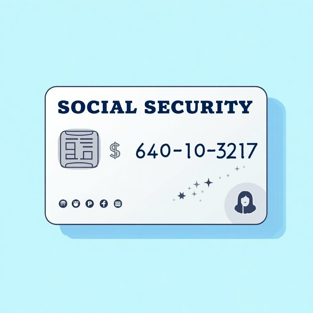 Depiction of a social security card with prominent text 'SOCIAL SECURITY' and number '640-10-3217'. Graphic chip illustrated on card with decorative elements. Soft blue background enhances appeal. Design is professional and clean, reflecting social security importance.