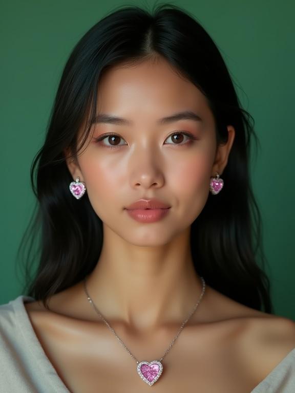 A 25-year-old woman with long black hair looks at the camera. She has a calm expression. She wears casual clothing. Heart-shaped pink zirconia earrings and a matching necklace are visible. The background is a uniform green color without shifts. Natural front lighting is used. The style is photorealistic.