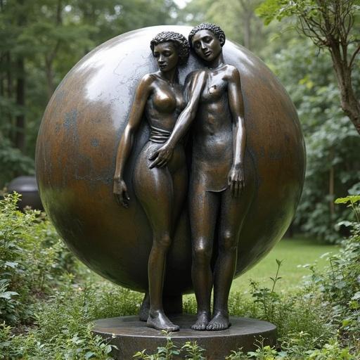 Spherical humans from Plato's story shown as a bronze sculpture in a mythical garden. Two figures, a woman and a man, stand back to back, their arms and legs intertwined. A common ball is formed by their connection.